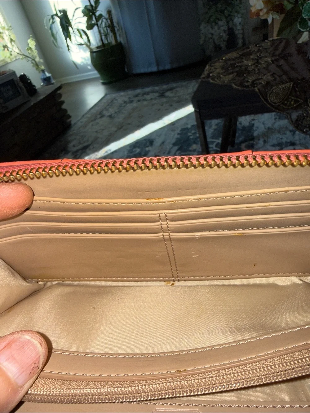 Coach Coral Zip-Around Leather Wallet with Gold Logo